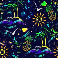 Summer holiday seamless pattern with pineapple, tropical island, sun icon, ocean waves. Paint brush strokes, splattered paint. Bright glowing neon colors. Outline, contour illustrations vector