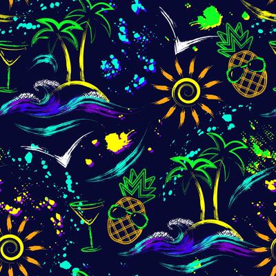 Summer holiday seamless pattern with pineapple, tropical island, sun icon, ocean waves. Paint brush strokes, splattered paint. Bright glowing neon colors. Outline, contour illustrations