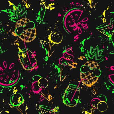 Summer seamless pattern with icons of pineapple, ice cream, cocktail glass, palm tree. Wavy paint brush strokes, splattered paint. Bright glowing neon colors. Outline, contour illustrations.