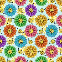 Seamless pattern with chamomile, daisy, sun icon. Flowers with little faces, emoji. Groovy, hippie, naive style. Good for apparel, fabric, textile and surface design. vector