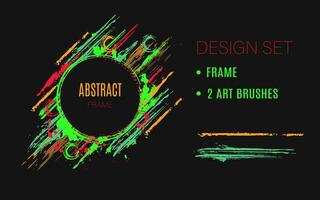 Set of design elements, circular frame, grunge art brushes. Dark circle on background with paint brush strokes, dynamic glowing lines, spattered paint of neon bright colors. Abstract clip art vector