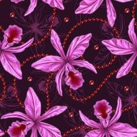 Seamless pattern with Cattleya Orchid flower, string of red beads on dark background. Silhouette of orchidea behind. vector