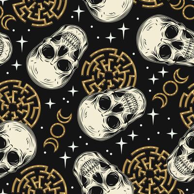 Vintage pattern with human skull like cup, labyrinth, stars, tripple goddes sign. Concept of sacred spirit, magic, expanded mind, psychic abilities. Mystical surreal illustration