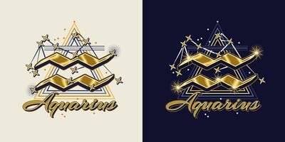 Vuntage golden icon of zodiac sign Aquarius vector