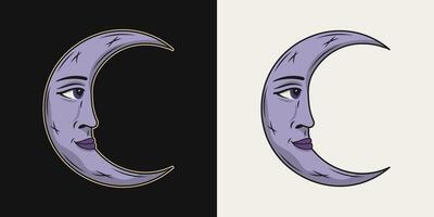 Crescent moon with face in profile. vector