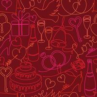 Red seamless doodle pattern with one line drawing of romantic symbols hearts rose cake gift bells rings dove shoe wineglass champagne gift love key heart shaped padlock. For Wedding, Valentine day vector