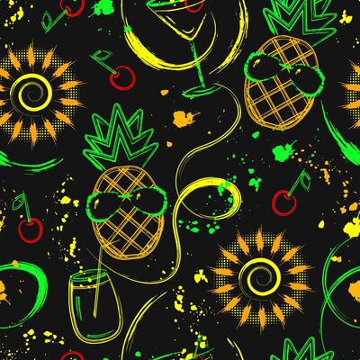 Tropical seamless pattern with icons of pineapple, cherry, cocktail glass on black background. Wavy paint brush strokes, splattered paint. Bright glowing neon colors. Outline, contour illustrations.