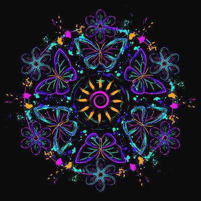 Circular composition like mandala with butterfly, sun, paint brush strokes, splattered paint. Glowing neon fluorescent colors. Virtual surreal nature. Outline, contour illustrations.