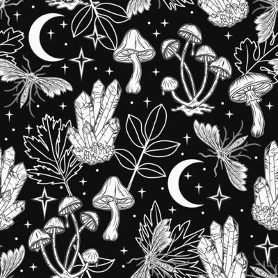 Pattern with crescent moon with face, stars, night butterfly, moth, flowers and star dust. Mythological fairytale, mystical concept. For clothing, apparel, T-shirts, kids design