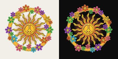 circular etiqueta con sol, paz símbolo, manzanilla vector