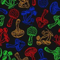 Pattern with fantasy mushrooms in bright neon fluorescent colors. Outline inverse illustration for groovy, hippie, mystical design vector