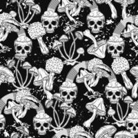 Seamless black and white pattern with colorful mushrooms, psychedelic rainbow, human half skull. Concept of madness. Vintage style. Not AI vector
