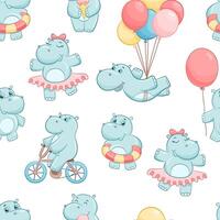 Seamless simple pattern with cute hippo with swimming circle and balloon. vector