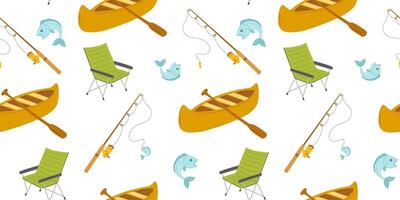 Seamless pattern with flat canoe, fish and fishing rod isolated on white. Cartoon kayak with paddle vector