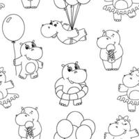 Seamless pattern with cute little line hippo. Outline illustrations. Funny cartoon baby hippopotamus with balloon and ice cream on white background vector