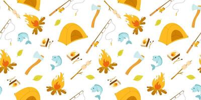 Seamless pattern with yellow camping tent, bonfire and fishing rod isolated on white background vector
