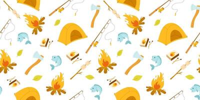 Seamless pattern with yellow camping tent, bonfire and fishing rod isolated on white background vector