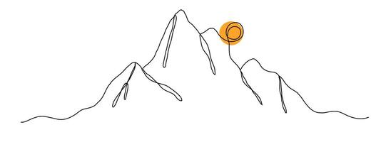 Sun and mountains continuous one line drawing. Single line sketch sunny summer travel concept. vector