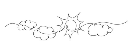 Sun continuous one line drawing. Three clouds and summer sun contour sign. sketch isolated on white. vector