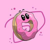 Cute happy smiling donut. Kawaii cartoon donut with sweet pink graphics background. vector