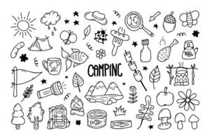 Set of camping in doodle style. Hand-drawn travel elements. Stock isolated image on a white background vector