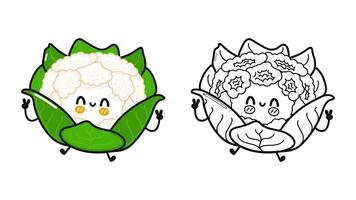 Funny cute happy Cauliflower characters bundle set. Hand drawn cartoon kawaii character illustration icon. Cute Cabbage. Outline cartoon illustration for coloring book vector