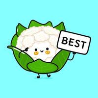 Cute Cauliflower with poster best. hand drawn cartoon kawaii character illustration icon. Isolated on blue background. Cabbage think concept vector