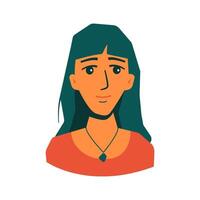 Face of young woman with long green hair in orange t shirt. Isolated illustration for websites, avatar, card and more design vector
