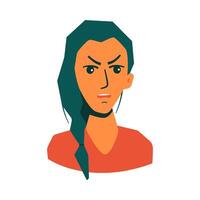 cara de un joven mujer quien es enojado, con verde pelo en naranja t camisa. ilustración para sitios web, avatar, tarjeta y más diseño vector