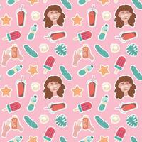 seamless pattern featuring a happy woman with a big smile holding an ice cream cone on a pink background. The design includes circles, a magenta font, and playful textile art vector