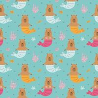 Pattern with funny capybaras with mermaid tail vector