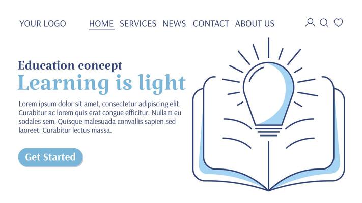 Open book with light bulb. Learning is light, education concept, increasing knowledge, personal growth and development, way to success. Template for web, banner, landing page, website, startup.
