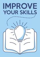 Open book with light bulb. Improve your skills, education concept, increasing knowledge, personal growth and development, way to success. Minimalist poster, a4 format. For banner, cover, web vector
