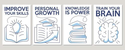 Set of minimalist education poster. Improve your skills, personal growth, knowledge is power, training brain concept. For banner, motivation, advertisement, a4 format. vector