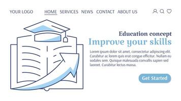 Open book with academic cap, up arrow. Improve your skills, education concept, increasing knowledge, personal growth, way to success. Template for web, banner, landing page, website, startup. vector