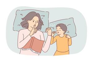 sobreproteccion desde madre haciendo gesto de silencio, acostado en cama con dormido niño vector