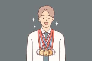 Business man with medals for winning corporate competitions between company employees vector