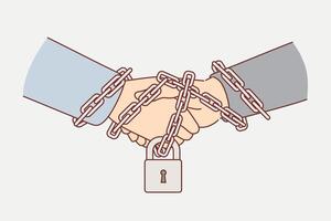 Business handshake between two partners with hands chained and locked, as sign of guaranteeing vector