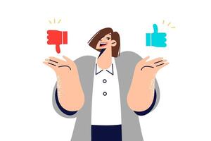 Woman encourages giving feedback and sharing user experience, holding thumbs up or down icons vector