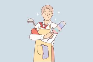 Business man in housewife apron is doing housework and cleaning or cooking after returning from work vector