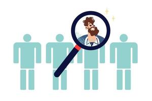 Recruiting process for for vacancy, with magnifying glass over man face near faceless people vector