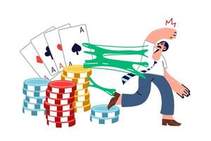 Man suffering from gambling addiction trying to escape from large playing cards and casino chips vector