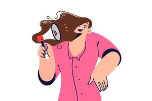 Scared woman hears notification from megaphone, feels embarrassed because of spam or intrusive ads vector