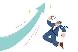 Overjoyed experienced businessman jumps to celebrate growth of company stock capitalization vector