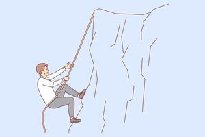 Business man climbs up cliff, taking on difficult challenge, does not stop trying to achieve goal vector