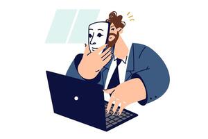 Man puts on mask, using internet and introduces himself as another person, sitting with laptop vector