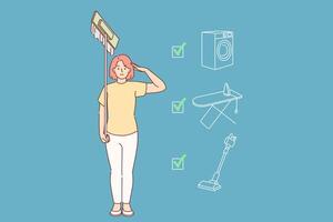 Woman housewife completed all housework stands in soldier pose with mop in hands vector