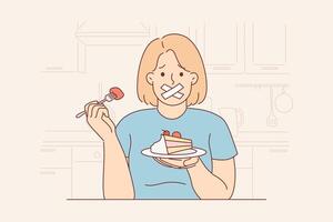 Woman with dessert in hands, suffering because of ban on eating sweet foods, sits with mouth taped vector