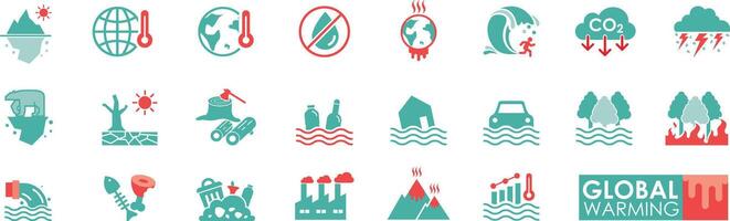 global calentamiento icono conjunto sólido icono sencillo estilo. contiene co2, tormenta, mundo, destruir, fábrica, iceberg, polar oso vector