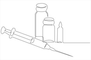 Continuous one line art drawing of syringe needle concept with vaccine bottle in outline vector